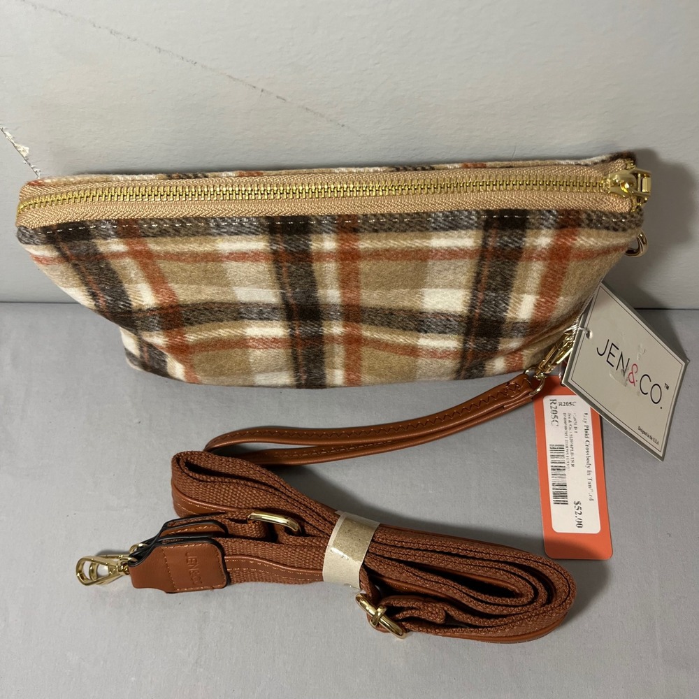 NWT Jen & Co Izzy Plaid Crossbody Bag Tan Red Vegan Wristlet